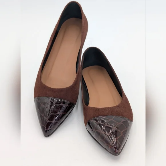 Flattered Studio Sz 6 Luxurious Suede & Croc-Embossed Brown Pointed Ballet Flats - Picture 3 of 17